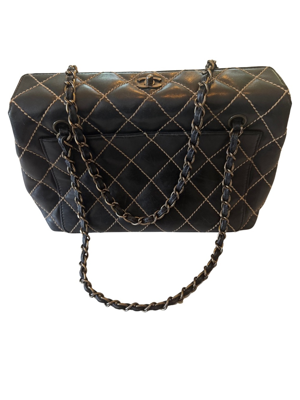 Authentic Vintage Chanel Wild Stitch Black Calfskin Shoulder Tote Bag Y2K
